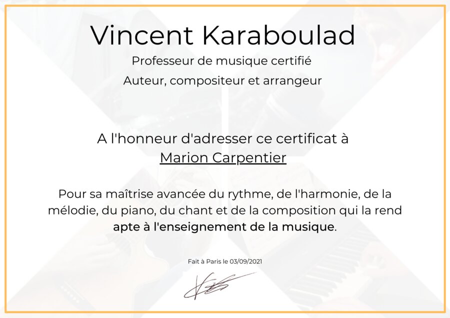 Modèle de certificat d’aptitude à l’enseignement de la musique délivré par Vincent Karaboulad